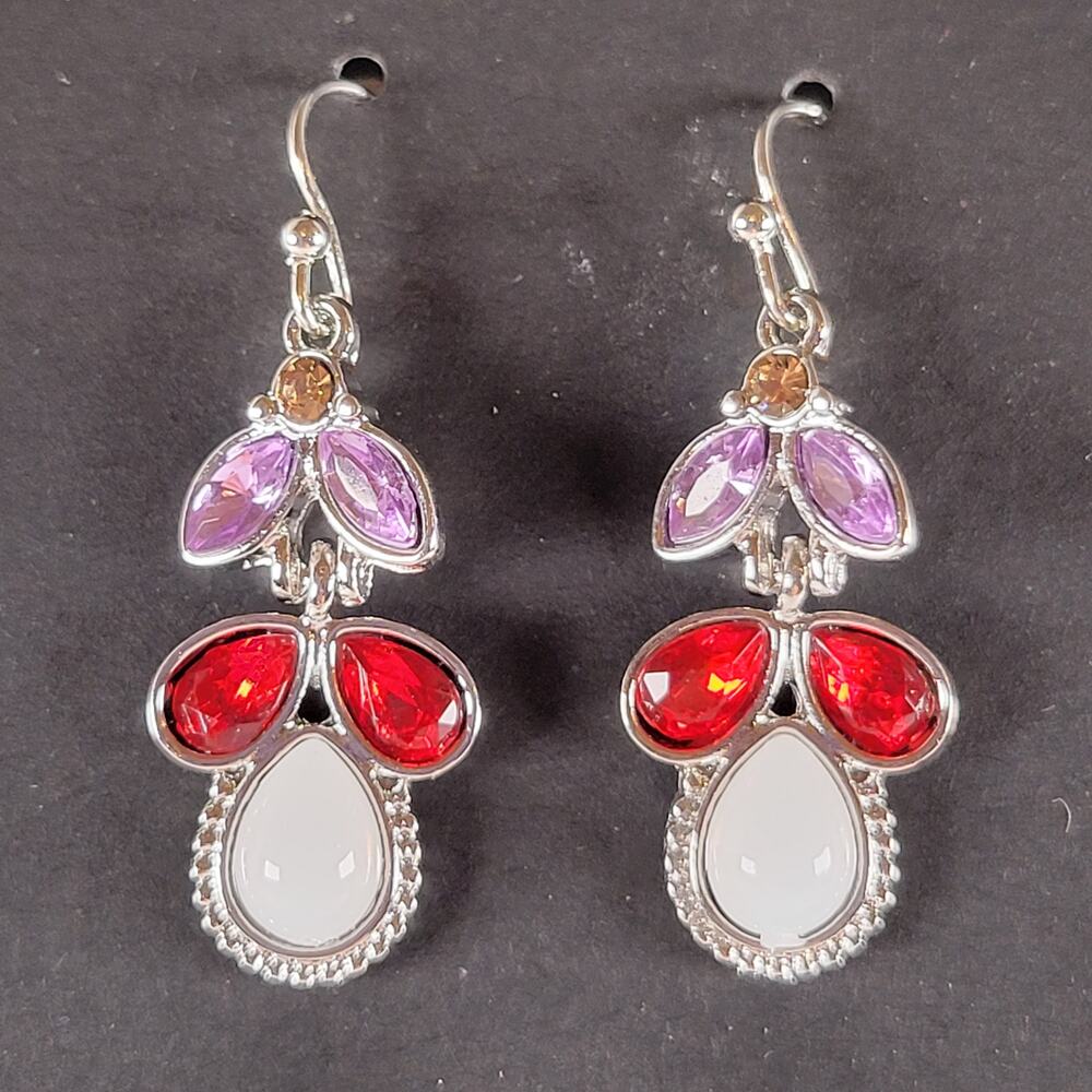 Dangle Earrings Red Purple White Teardrop Gemstone Look Costume Jewelry 1.4"